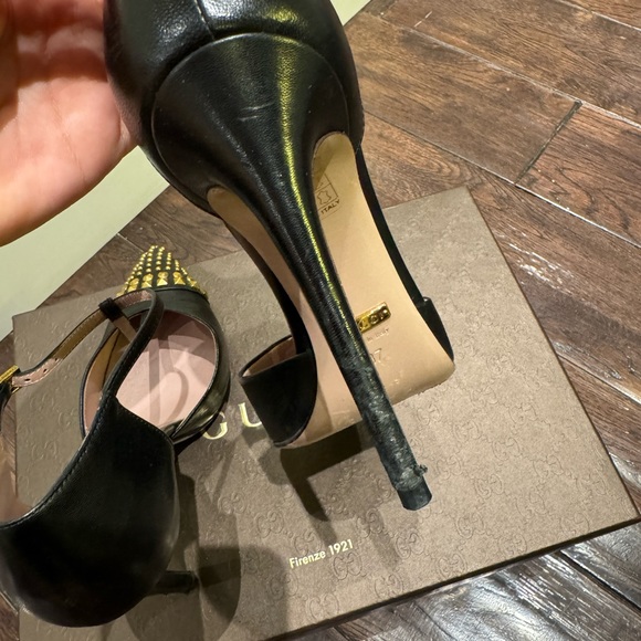 Gucci Malaga Kid Nero T-strap Studded Heels Size 37 - Picture 7 of 9